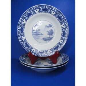 Canton Blue One 9 1/4"  Serving Bowl And Three 8"  Soup Pasta Cereal Bowls VGC